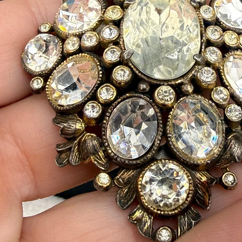 Vintage Dress Clip Silver Tone Clear Rhinestone Art Deco Revival Floral